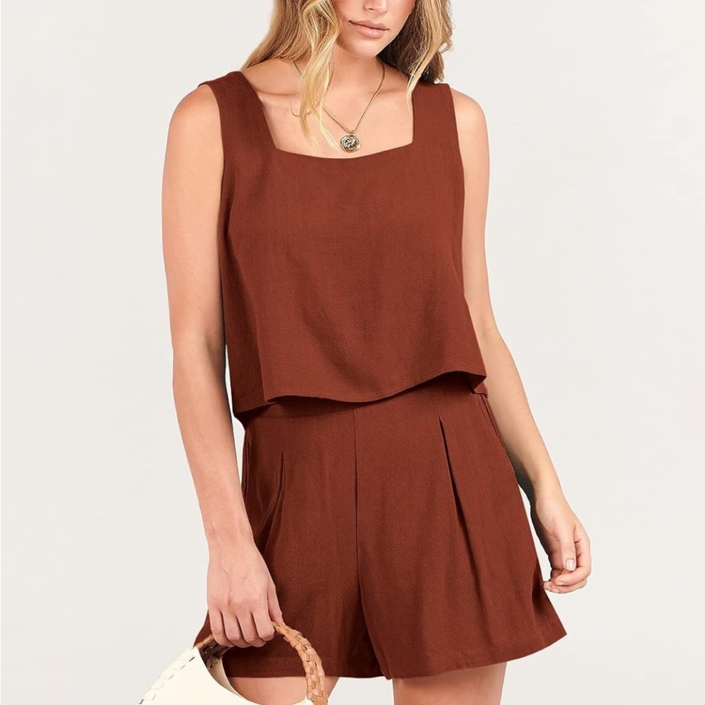 Terracotta linen tank Top and Shorts Set women’s small